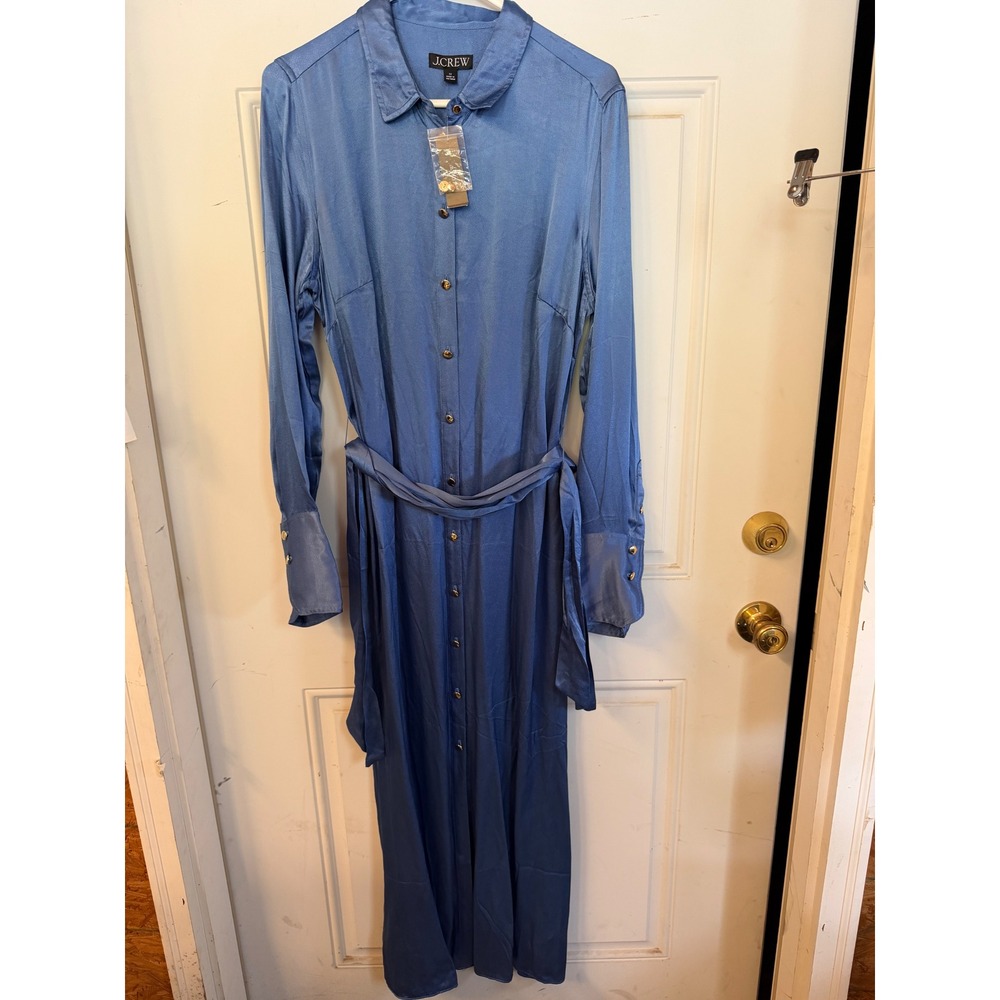 J.Crew Luster Crepe Midi Shirtdress Delphinium Blue Gold Button BU107 Womens 12 - Picture 3 of 9